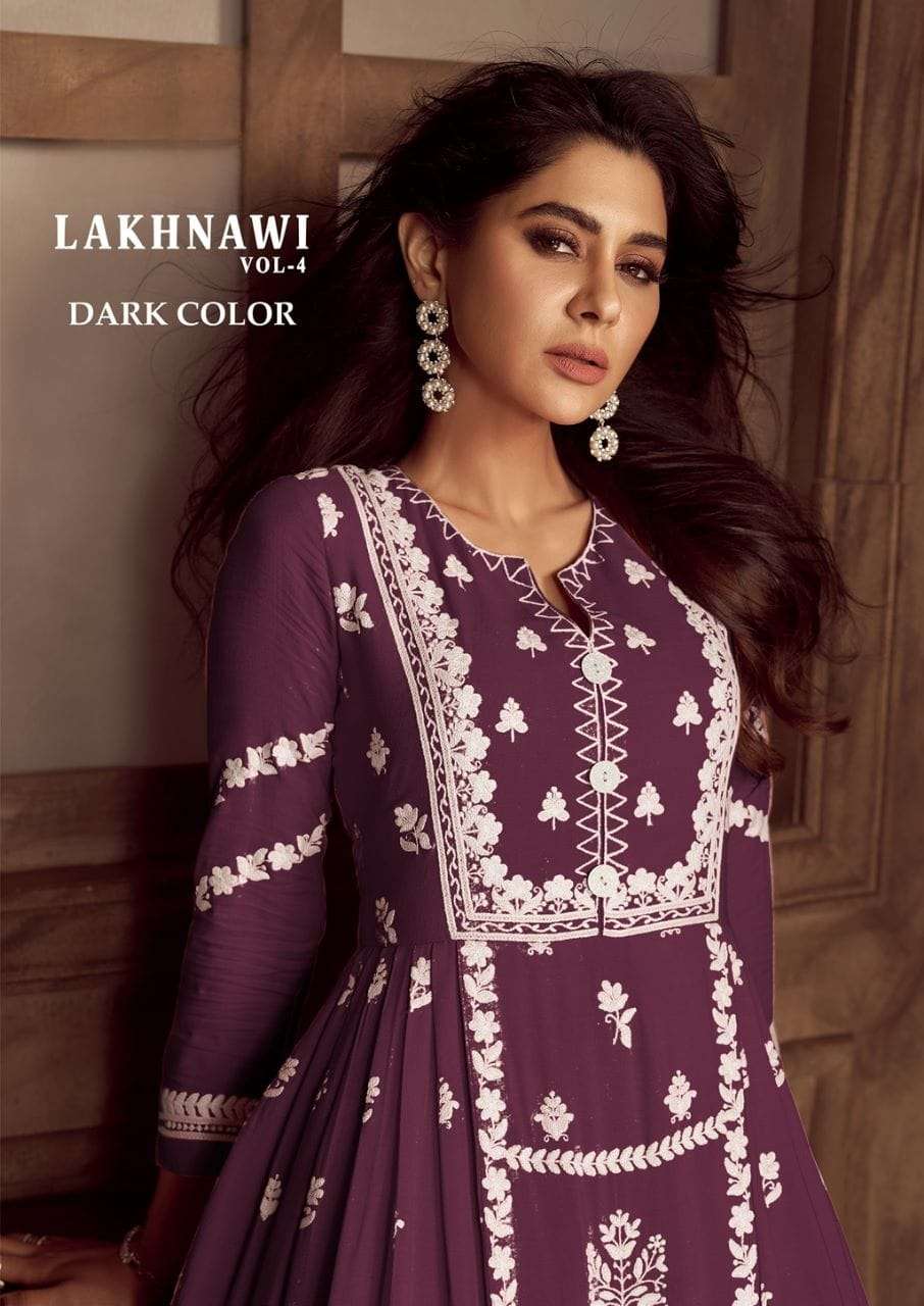 LAKHNAWI VOL 4 DARK COLOR HEAVY REYON WHITE THREAD EMBROIDERY WORK NAYRA CUT KURTI WITH PLAZZO AND NAZMIN DUPATTA BY VAMIKA BRAND POSTER